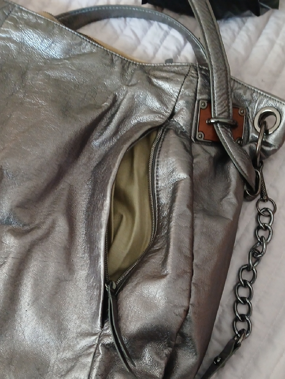 Elliot Luca Leather Metallic Silver Shoulder Bag with Chain Accents - Picture 3 of 15